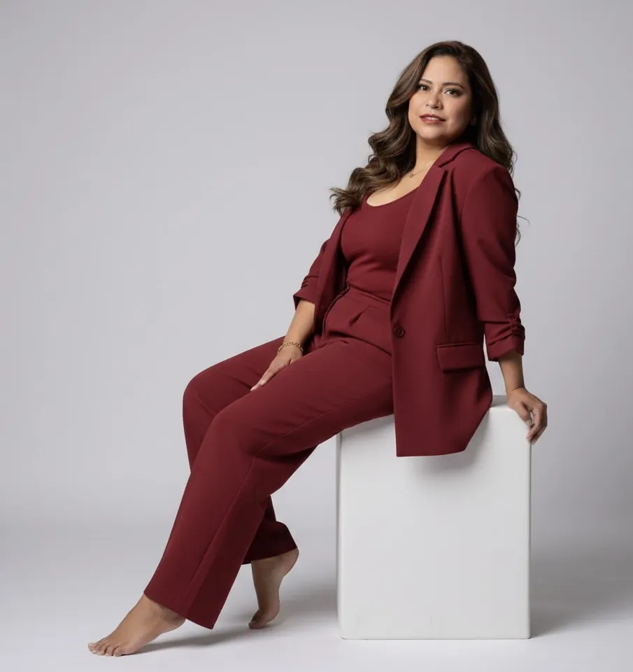 Ana sentada sobre un cubo blanco, con traje color vino