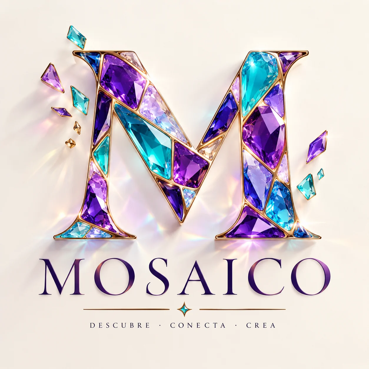 Logo Mosaico: una M de cristales morados y turquesa unidos con oro. Descubre, conecta, crea.