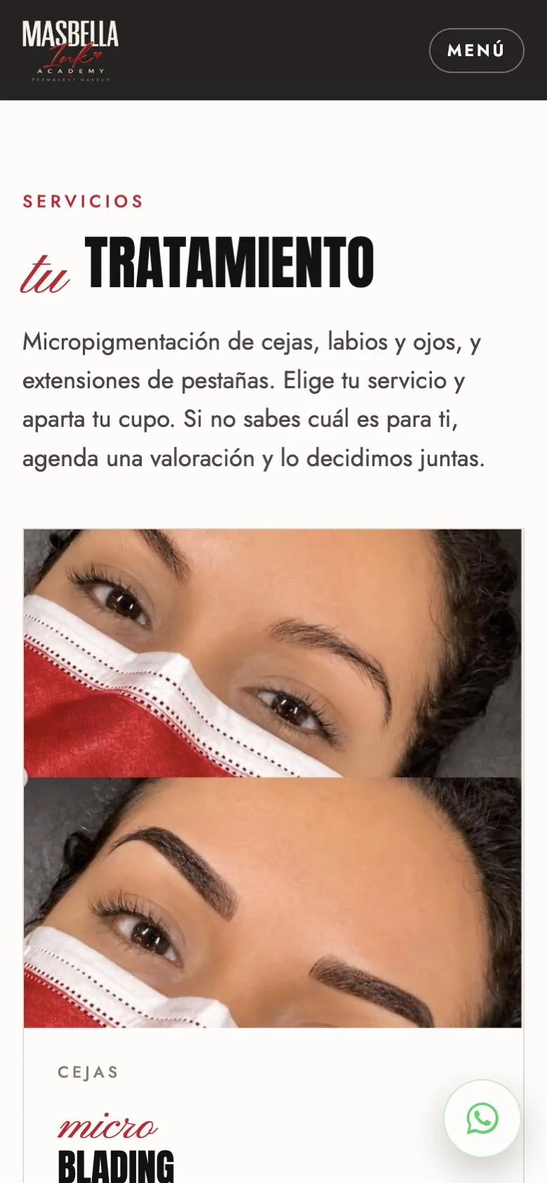 Sección de servicios de MasBella Ink en móvil