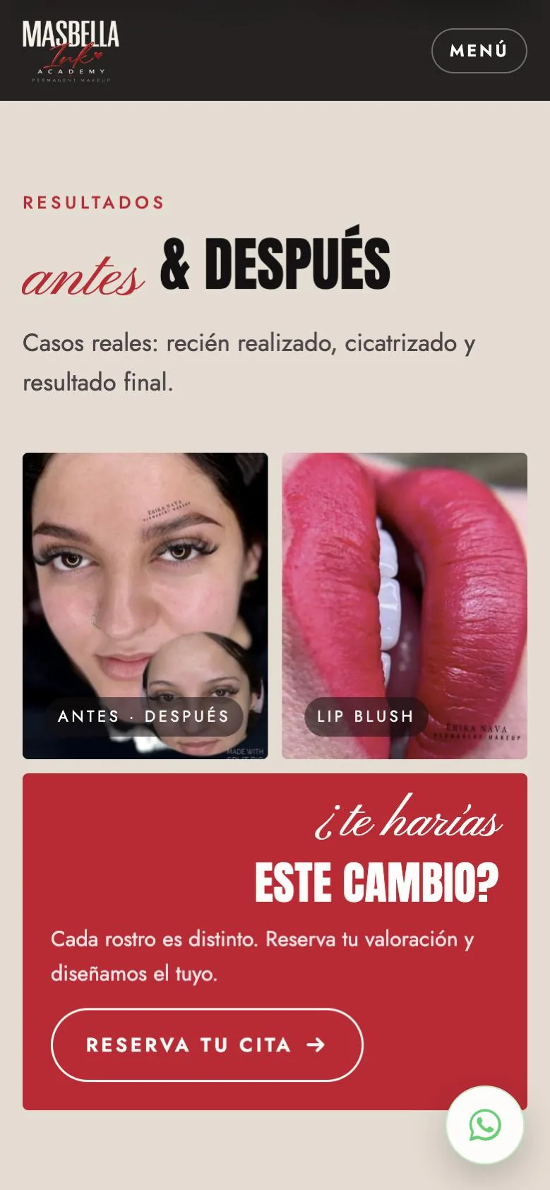 Sección de resultados de MasBella Ink en móvil