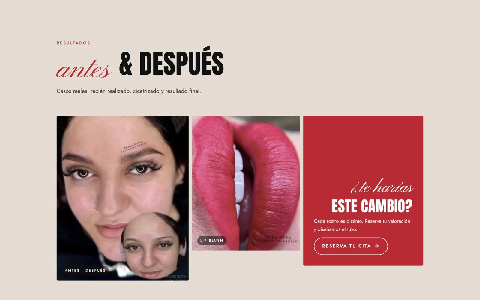 Sección de antes y después de la web de MasBella Ink