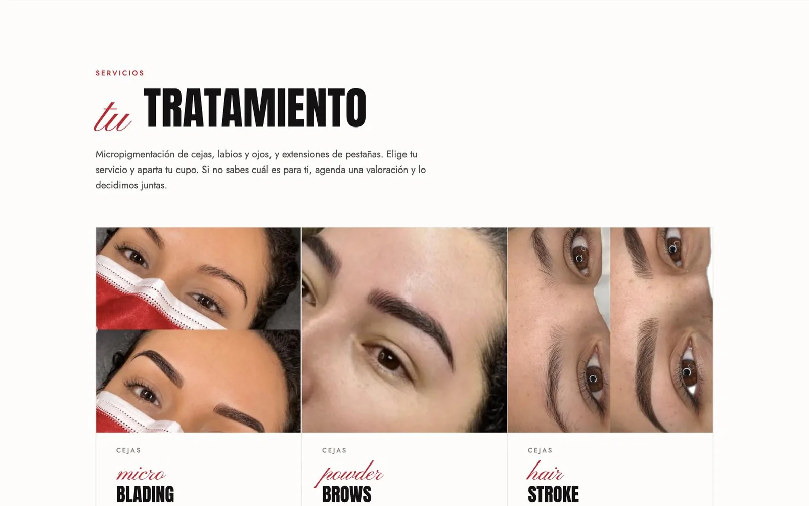Sección de servicios de la web de MasBella Ink