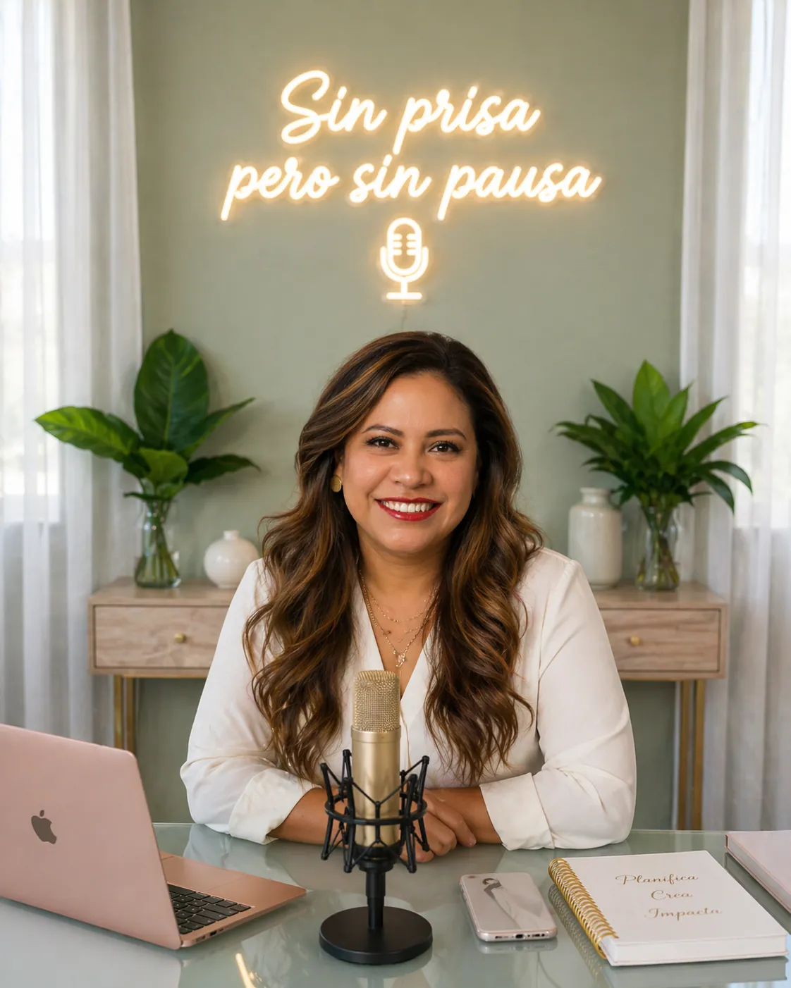 Ana Casalegno en su estudio de podcast, con micrófono y el rótulo luminoso Sin prisa pero sin pausa