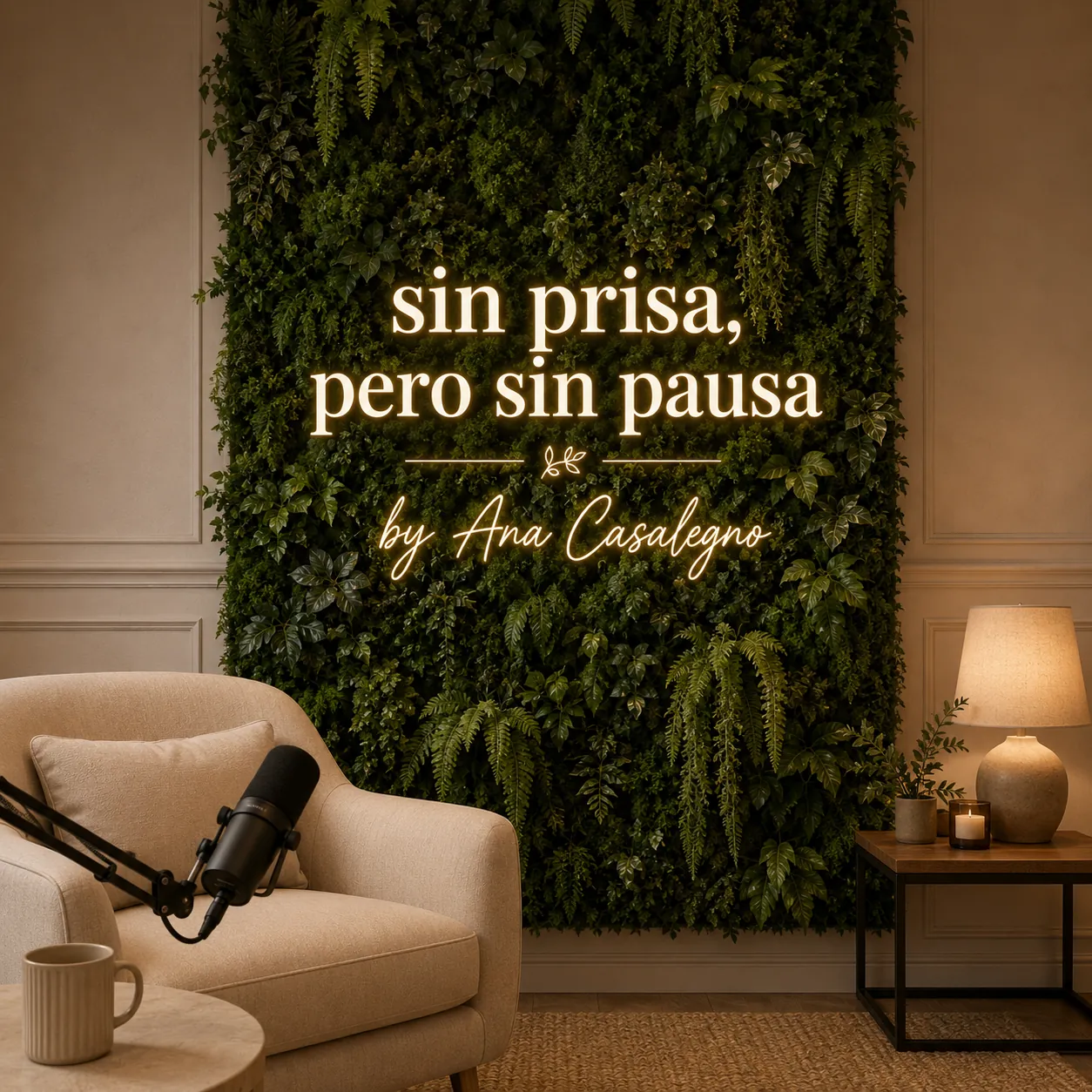 Rótulo luminoso Sin prisa, pero sin pausa, by Ana Casalegno, sobre una pared vegetal